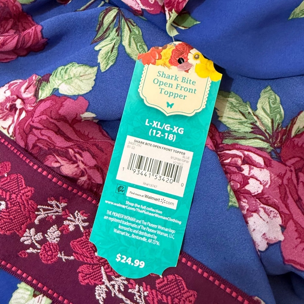 NWT The Pioneer Woman Blue Floral Kimono Cardigan Open Front L/XL Boho‎ - Picture 10 of 10